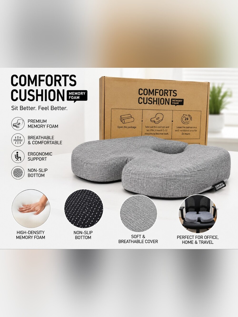 Memory Foam Seat Cushion Ergonomic Coccyx Chair Pad Office Home Car Travel Gray